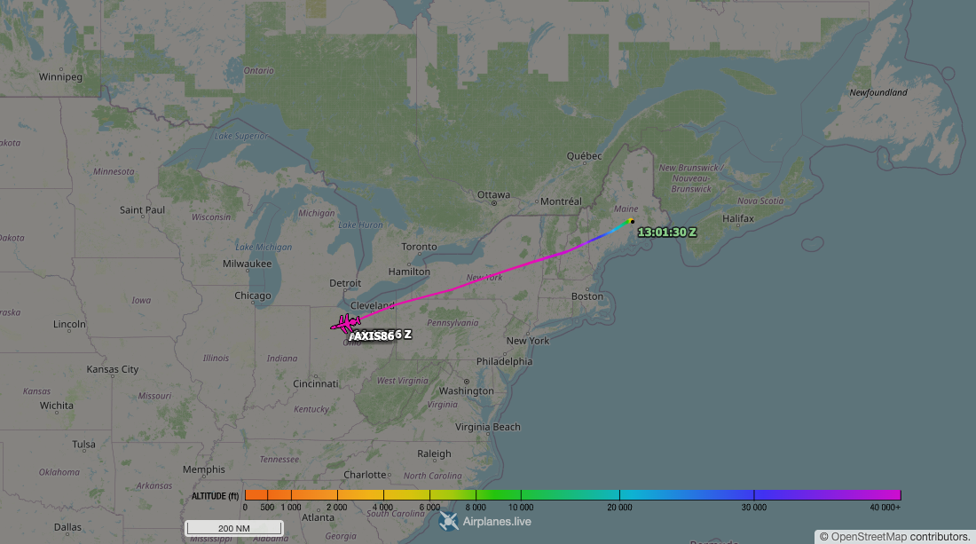 airplanes.live track of Compass Call jet AXIS86 crossing in over Maine and tracking west to Ohio
