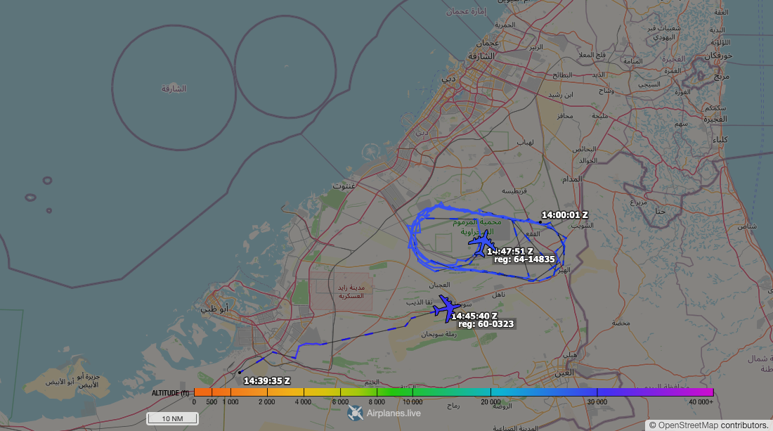 airplanes.live track of US KC-135 tankers flying racetrack orbits near Abu Dhabi, UAE