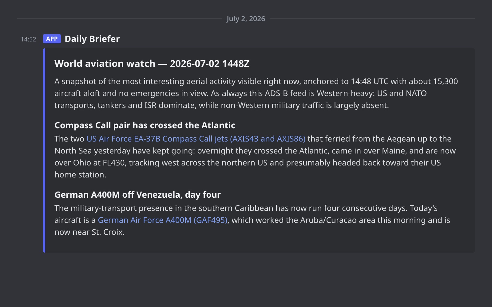 World Aviation Watch briefing posted to a Discord channel